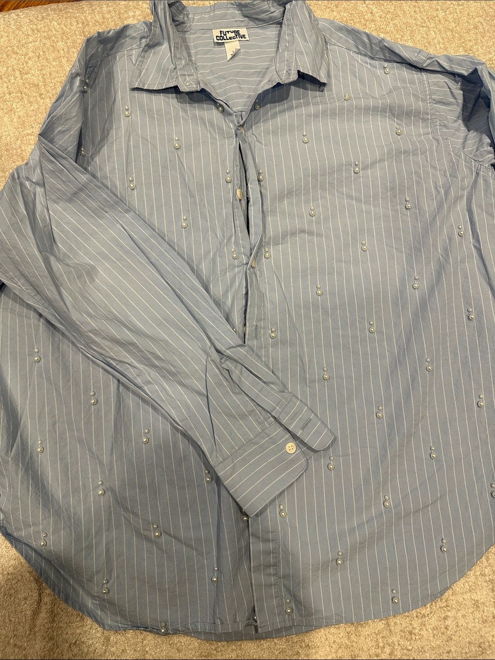 Blue Pinstripe Button-Up Shirt with Embellishments